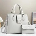 Elegant beige lychee grain leather tote bag set with matching flap wallet and gold buckle - Gray
