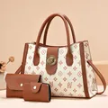 Three-piece beige and brown floral tote set with gold lion head hardware buckle - Star Pattern Beige