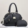 Schwarzes 3-teiliges Taschenset mit gewebter Ledertextur und goldenen Metallbeschlägen - Passende Taschen (Inklusive Handtasche/Geldbörse/Beutel) / Schwarz
