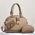 Braunes 3-in-1 Muschelhandtaschen-Set mit Litschi-Narbung und gewebter Textur - Passende Taschen (Inklusive Handtasche/Geldbörse/Beutel) / Khaki