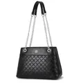 Elegant black quilted shoulder bag with floral embossing and silver chain strap - Black
