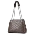 Dark brown shoulder bag with bow embossing and silver chain strap on white background - Gray