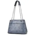 Elegant grey-blue chain shoulder bag for women with star pattern embossing and silver logo - Blue