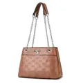 Dettaglio della borsa in pelle PU color cuoio con fiocchi a rilievo e fibbia argento - Rosa