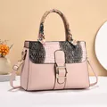 Light pink PU leather handbag with brown crocodile pattern flap and silk scarf handle - Pink