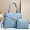Set di borse eleganti in pelle azzurra con motivo litchi e fibbia in metallo dorato - Celeste
