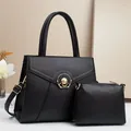 Set di borse da donna in due pezzi in pelle nera con motivo litchi e chiusura dorata - Nero