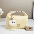 Light yellow pleated handbag with plush charm and golden metal buckle for women - Yellow