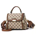 Retro beige and brown floral checkerboard handbag with adjustable jacquard shoulder strap - Small / Khaki