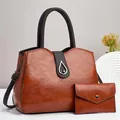 Ensemble 2 pièces vintage sac à main en cuir marron brillant et petit portefeuille - Jaune Terre