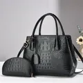 Black crocodile embossed tote bag set with matching coin purse and top handles - L29xW14xH23cm / Black