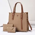 Minimalist beige tote bag 3-piece set with brown leather trim and golden hardware - Earthy Yellow