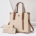 Dreiteiliges beige gewebtes Tote-Taschen-Set mit braunen Lederriemen und Gold-Details - Gebrochenes Weiß