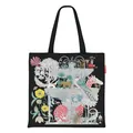 Artistic black canvas tote bag featuring elephant and giraffe print with tropical flora detail - 40*40cm / Wonderland Collection - Black