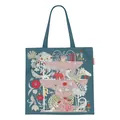 Detailed artwork of giraffes and elephants on teal canvas tote bag with orange label - 40*40cm / Wonderland Collection - Peacock Blue