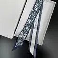 Navy blue and white floral silk Twilly scarf with Paris text in a white gift box - 100cm