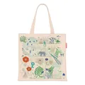 Detail of artistic tropical animal print and red brand tag on a beige canvas tote bag - 40*40cm / Wonderland Collection - Nude Pink