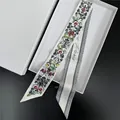 Floral print silk neck scarf with Paris script in a minimalist white gift box - 100cm
