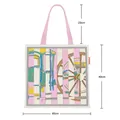 Detail of color-block canvas tote bag with vintage carriage print and size dimensions - 40x40cm / Rice Pink