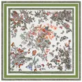 Elegant 90cm square silk scarf featuring floral botanical prints and colorful butterflies - Green
