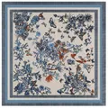 90cm square silk scarf with blue floral plants and colorful butterfly patterns on cream base - Blue