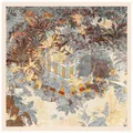 Carré de soie rétro 90cm avec motif d'illustration de jardin tropical et architecture - 90x90cm / Beige