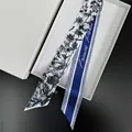 Floral silk twilly scarf for handbag handle with blue botanical print and Paris text - 100cm / Blue Style (T455-1)