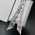 Silk feel twilly scarf with floral prints and France Paris text in a gift box - 100cm / Pink Style (T455-2)