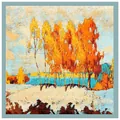90cm vintage oil painting square scarf with golden birch trees and blue lake pattern - 90cm X 90cm / Snowy Birch Landscape