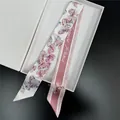Iridescent butterfly silk twilly scarf with France Paris script on pink background - Pink and White (T460-2) / 100cm