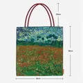 Dimensions détaillées du sac fourre-tout Van Gogh Iris en toile avec anses bordeaux - Style Paysage Champ de Coquelicots