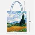 Vue de face du sac cabas en toile Van Gogh avec mesures de taille détaillées - Style Champ de Blé avec Cyprès