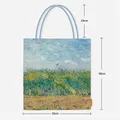 Tableau des dimensions du sac cabas en toile Van Gogh Iris avec hauteur 38cm et largeur 34cm - Landscape Oil Painting Style