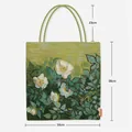 Détail de l'imprimé peinture à l'huile Van Gogh sur grand sac cabas avec dimensions - Style Roses Sauvages