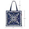 Navy and beige canvas tote bag with vintage horse carriage pattern and top handles - Navy Blue