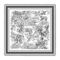 Toile de Jouy gray velvet square shawl with fringe featuring monkeys and leopards - Black and White Jungle (Style 1) / 130cm