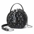Quilted round black puffer shoulder bag with silver chain strap and floral metal logo - Black