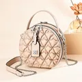 Beige round quilted leather crossbody bag with heart pattern and chain strap - Khaki
