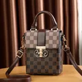 Vintage brown and beige plaid crossbody phone bag with R-monogram texture and gold buckle - Coffee Patterned Cover