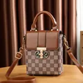 Brown leather crossbody phone bag with geometric metal buckle and letter print - Khaki Solid Cover