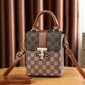 Vintage checkered crossbody mobile phone bag with brown leather accents and gold clasp - Khaki Patterned Cover