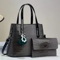 Grey crocodile texture shoulder bag and wallet set with decorative pearl charm - Gray