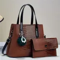 Brown crocodile embossed tote bag set with pom-pom charm and removable shoulder strap - Brown