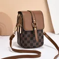 Mini crossbody phone bag with monogram print canvas and brown faux leather trim - Coffee Checkerboard
