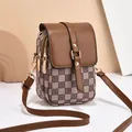 Brown checkered crossbody phone bag with premium leather stitching and gold hardware accents - Checkerboard Khaki