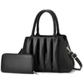 Chic black pleated hobo bag and matching zipper wallet set with cylindrical handles - Black