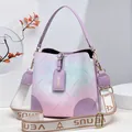 Rainbow gradient bucket bag in purple and pink floral print with woven strap - Purple
