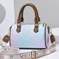 Gradient floral bowling bag with brown leather handles and wide branded fabric strap - Brown