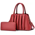 Vintage red pleated tote bag and matching long zipper wallet set with luxury texture - Burgundy
