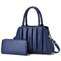 Navy blue ruched tote bag with matching long zipper wallet set and gold hardware details - Blue